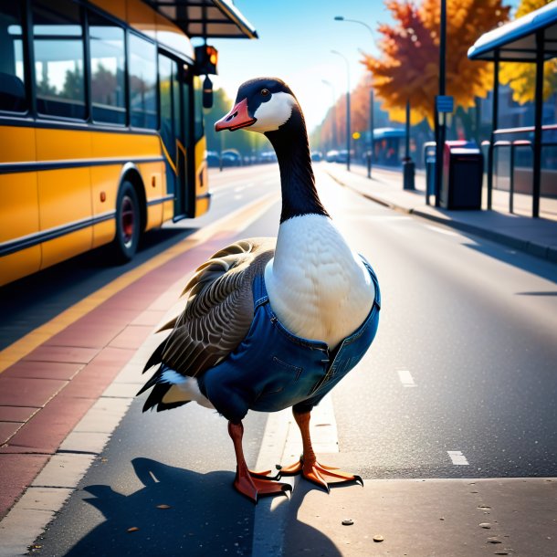 Image of a goose in a jeans on the bus stop