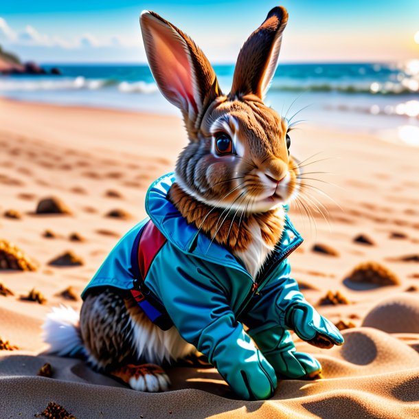 Photo of a rabbit in a gloves on the beach