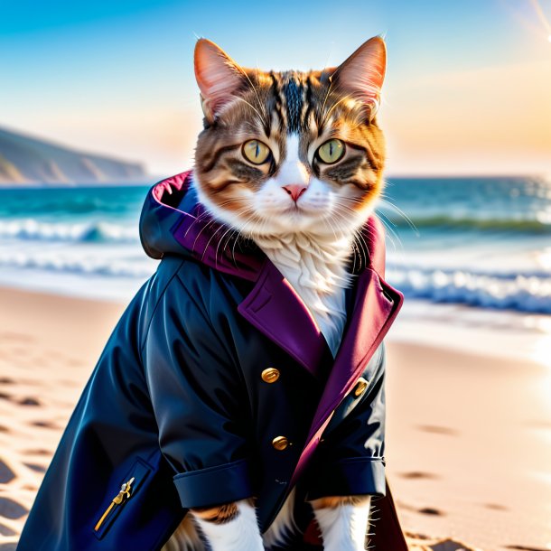 Image of a cat in a coat on the beach