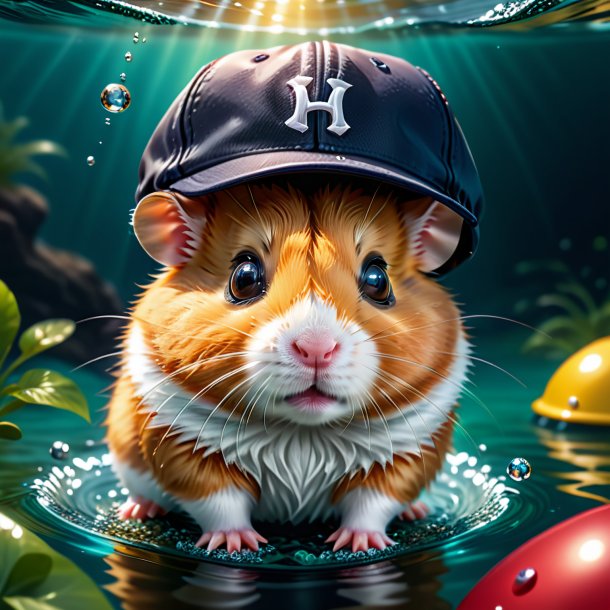 Illustration of a hamster in a cap in the water