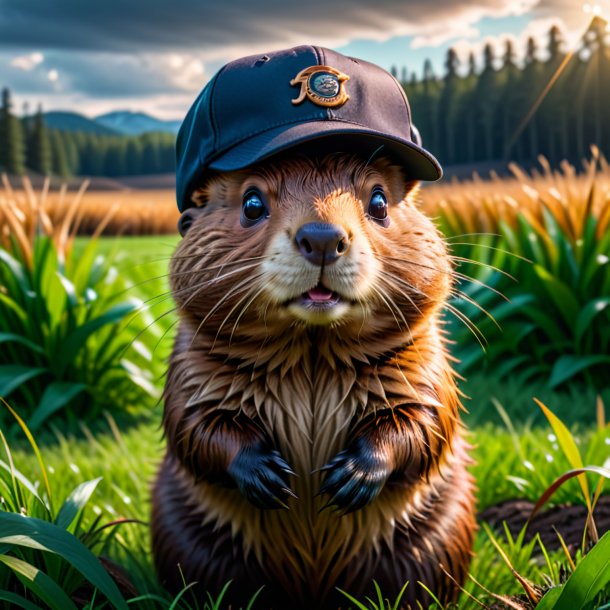 Image of a beaver in a cap on the field