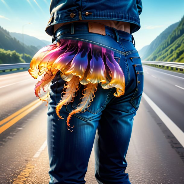 Illustration of a jellyfish in a jeans on the highway