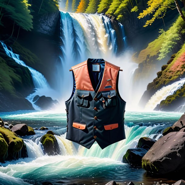 Image of a salmon in a vest in the waterfall