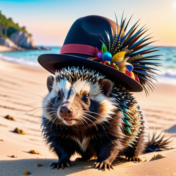 Image of a porcupine in a hat on the beach