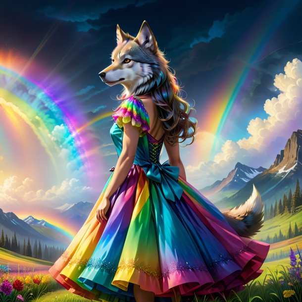 Dibujo de un lobo en un vestido en el arco iris