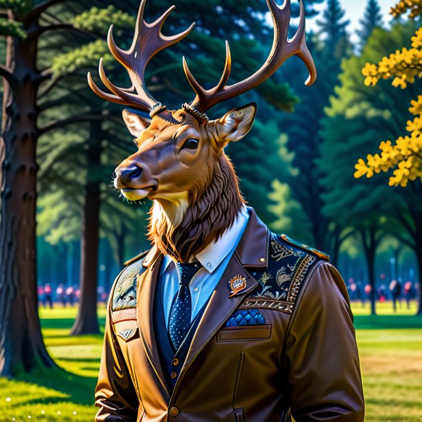 Foto de un alce en una chaqueta en el parque