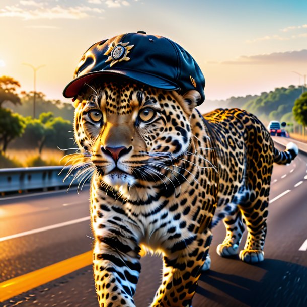 Image of a leopard in a cap on the highway