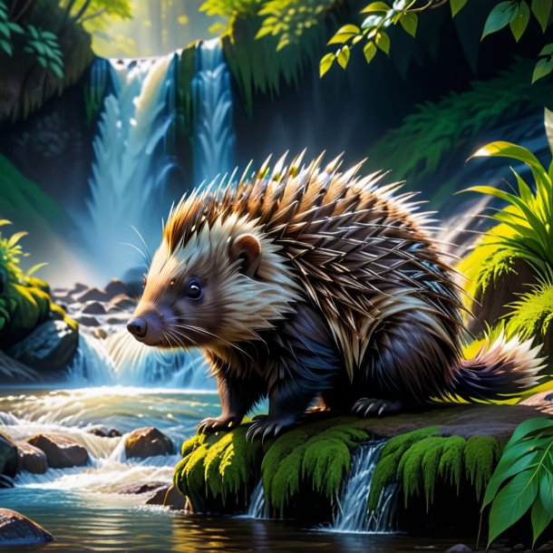 Picture of a waiting of a porcupine in the waterfall