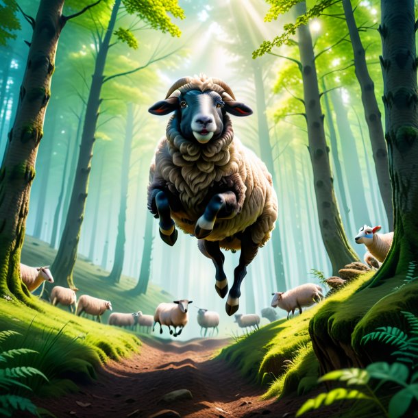 Image of a jumping of a sheep in the forest