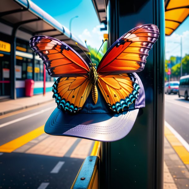 Image of a butterfly in a cap on the bus stop