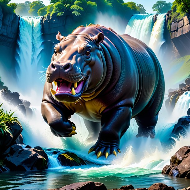 Image of a threatening of a hippopotamus in the waterfall