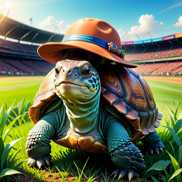 Drawing of a tortoise in a hat on the field