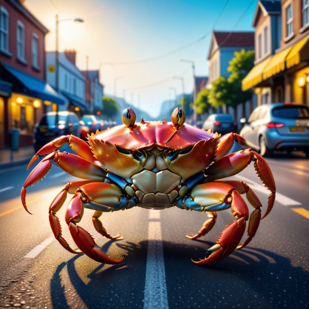 Image of a crab in a dress on the road