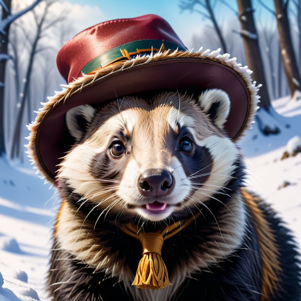 Image of a badger in a hat in the snow