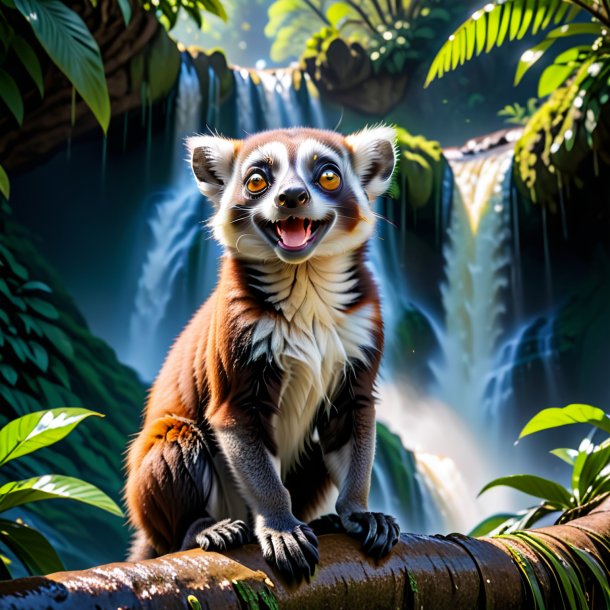 Pic of a smiling of a lemur in the waterfall