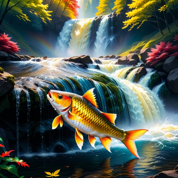 Photo of a carp in a sweater in the waterfall