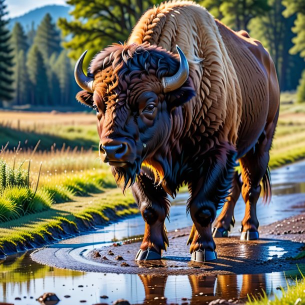 Foto de un bisonte en un cinturón en el charco