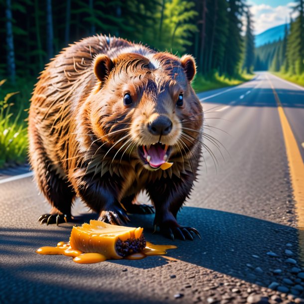 Imagem de um comer de um castor na estrada