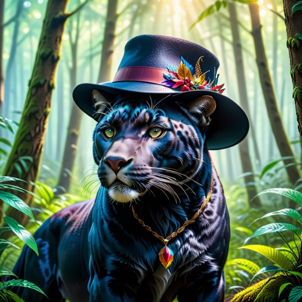 Photo of a panther in a hat in the forest