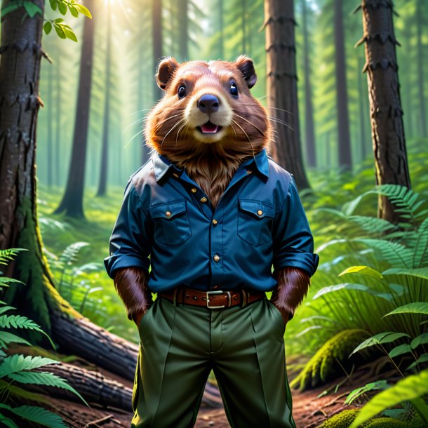 Image of a beaver in a trousers in the forest