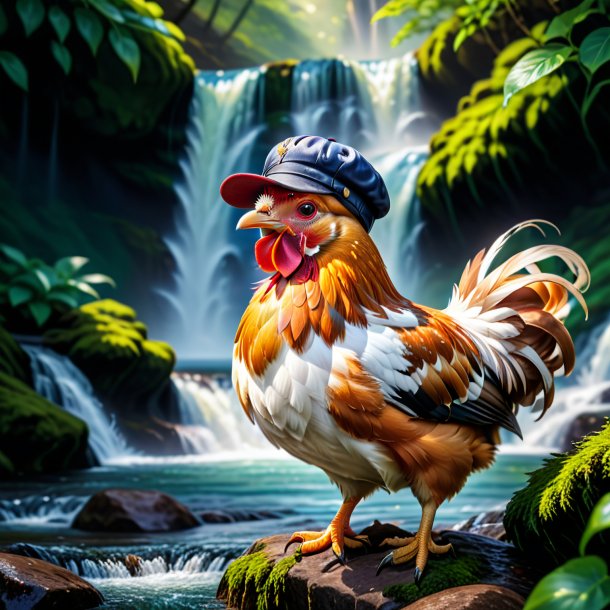 Picture of a hen in a cap in the waterfall