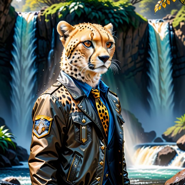 Drawing of a cheetah in a jacket in the waterfall