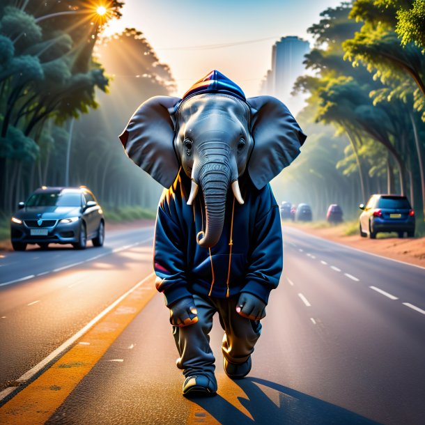 Foto de um elefante em um hoodie na estrada