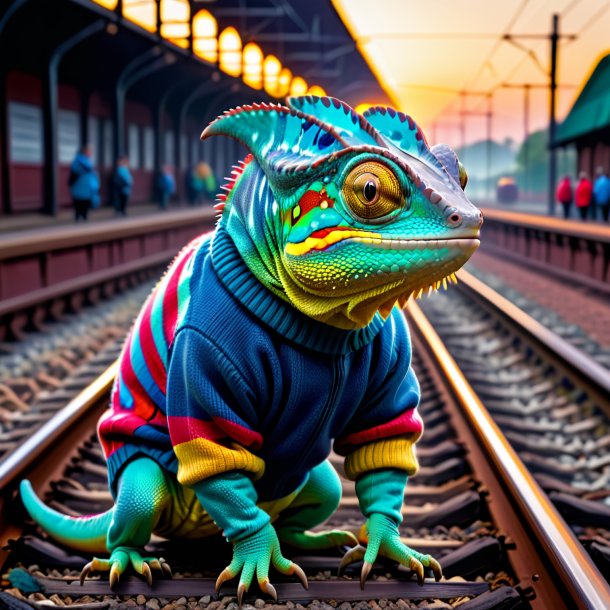 Picture of a chameleon in a sweater on the railway tracks