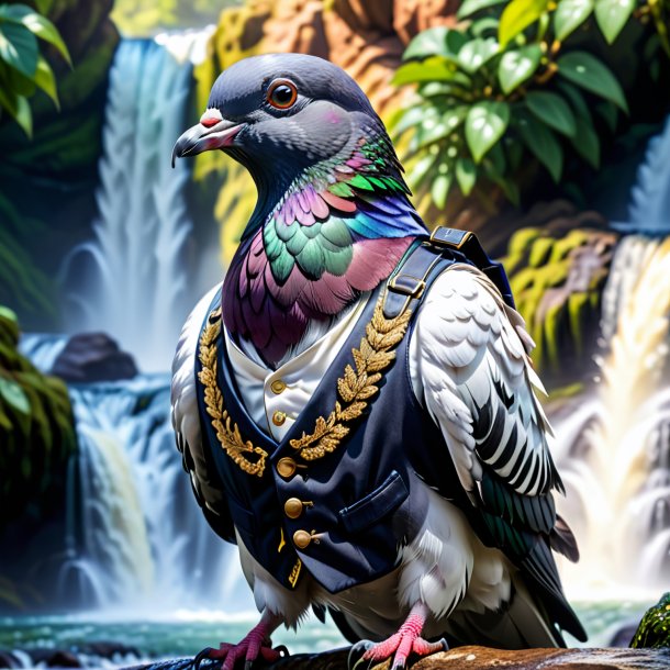 Image of a pigeon in a vest in the waterfall