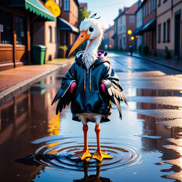 Image of a stork in a hoodie in the puddle