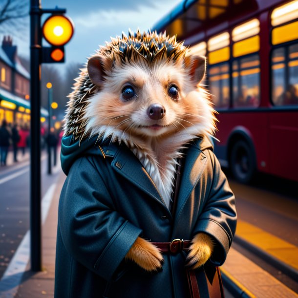 Imagem de um ouriço em um casaco no ponto de ônibus