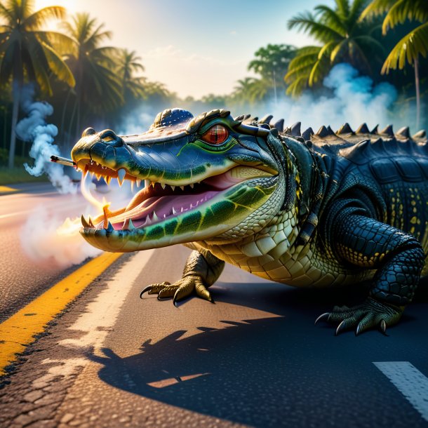 Picture of a smoking of a alligator on the road