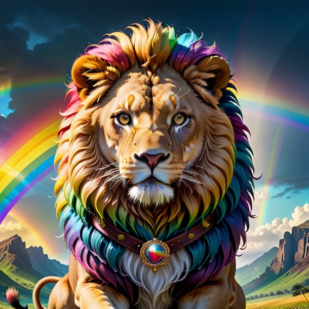 Image of a lion in a belt on the rainbow