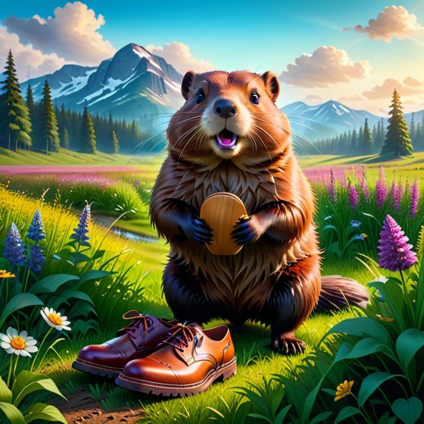 Picture of a beaver in a shoes in the meadow