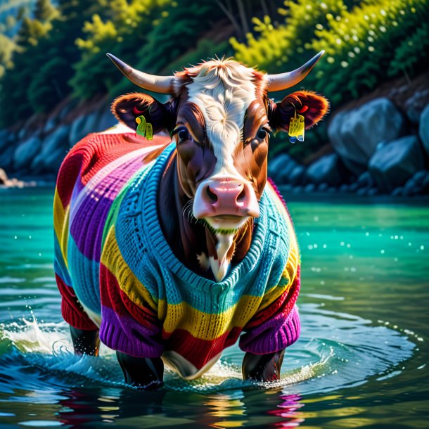 Foto de una vaca en un suéter en el agua