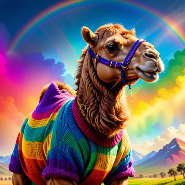 Illustration of a camel in a sweater on the rainbow