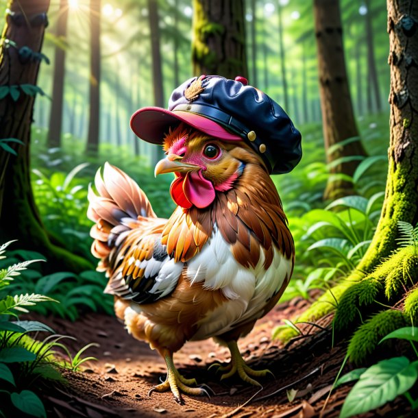 Foto de una gallina en una gorra en el bosque