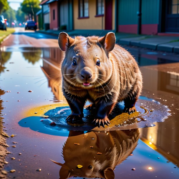 Photo of a wombat in a shoes in the puddle