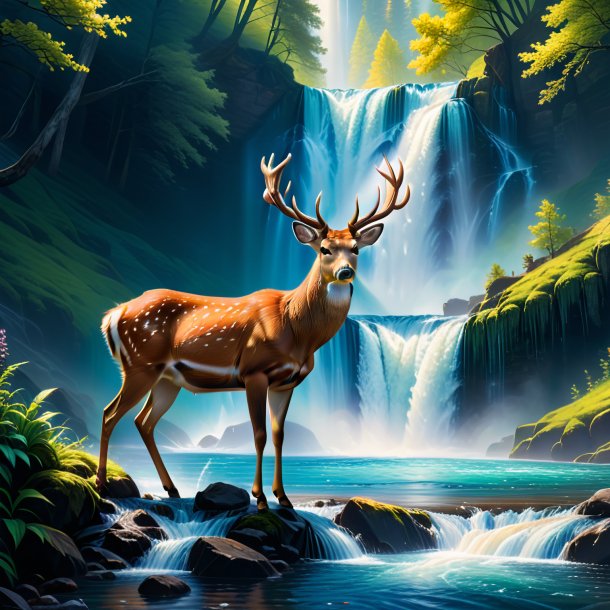 Picture of a deer in a jeans in the waterfall