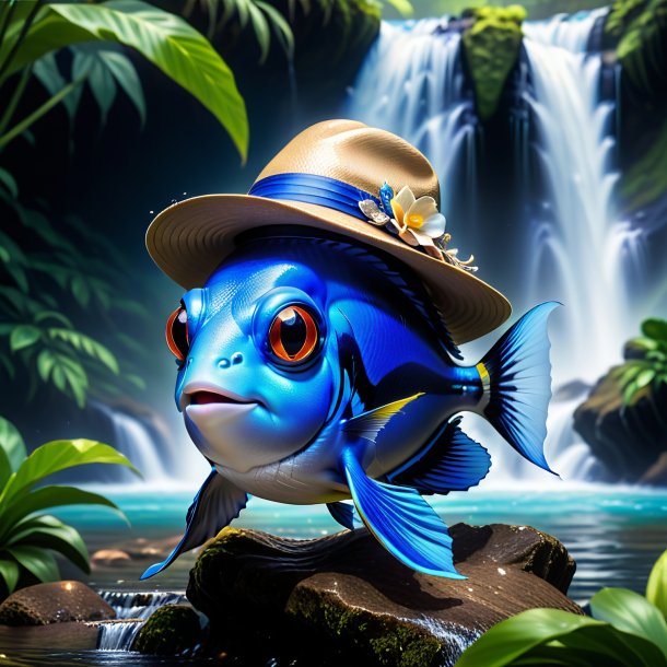 Pic of a blue tang in a hat in the waterfall