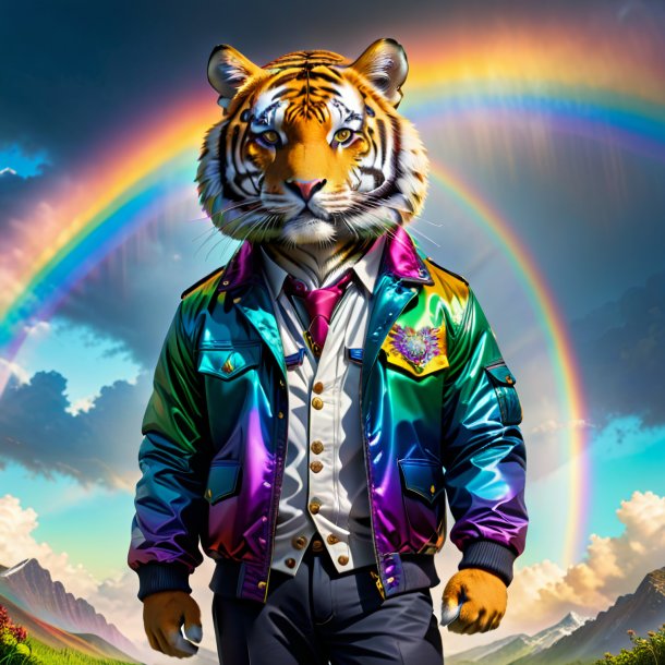 Foto de un tigre en una chaqueta en el arco iris