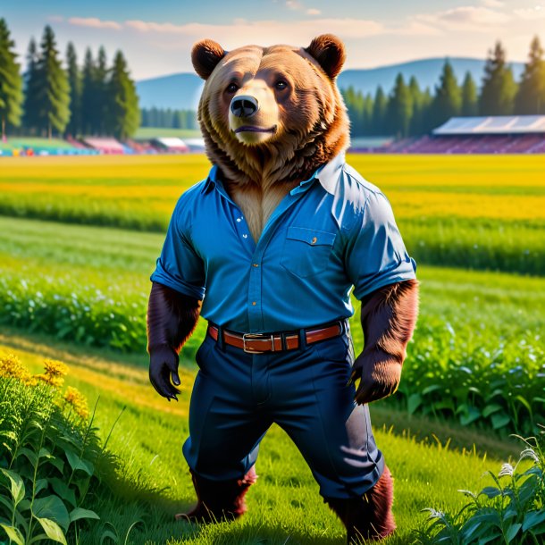 Photo of a bear in a trousers on the field