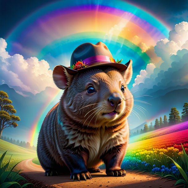 Illustration of a wombat in a hat on the rainbow