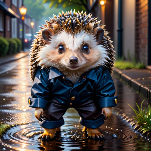 Photo of a hedgehog in a trousers in the puddle