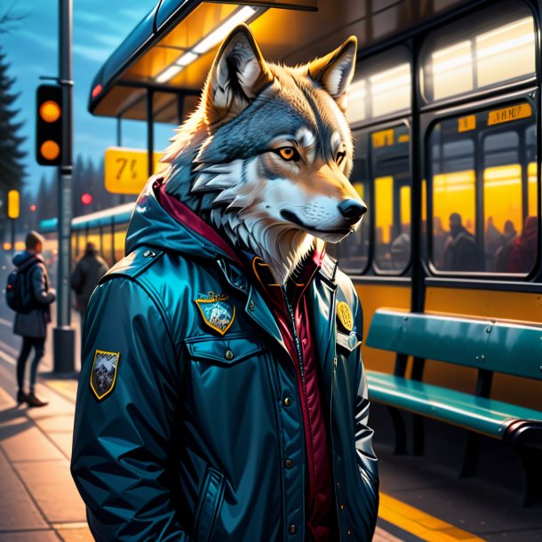 Drawing of a wolf in a jacket on the bus stop