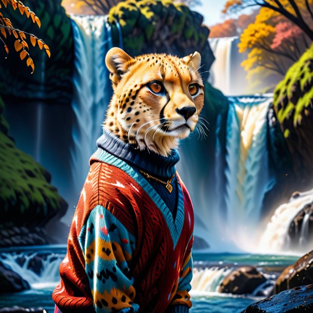 Picture of a cheetah in a sweater in the waterfall