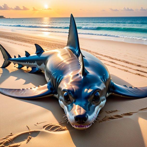 Imagem de um descanso de um tubarão-martelo na praia