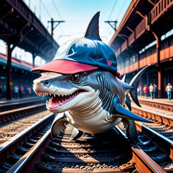 Illustration of a hammerhead shark in a cap on the railway tracks