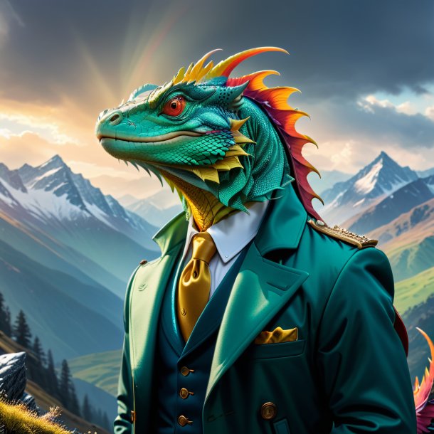 Picture of a basilisk in a coat in the mountains