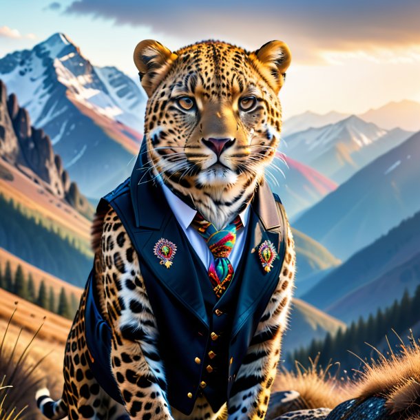 Image of a leopard in a vest in the mountains